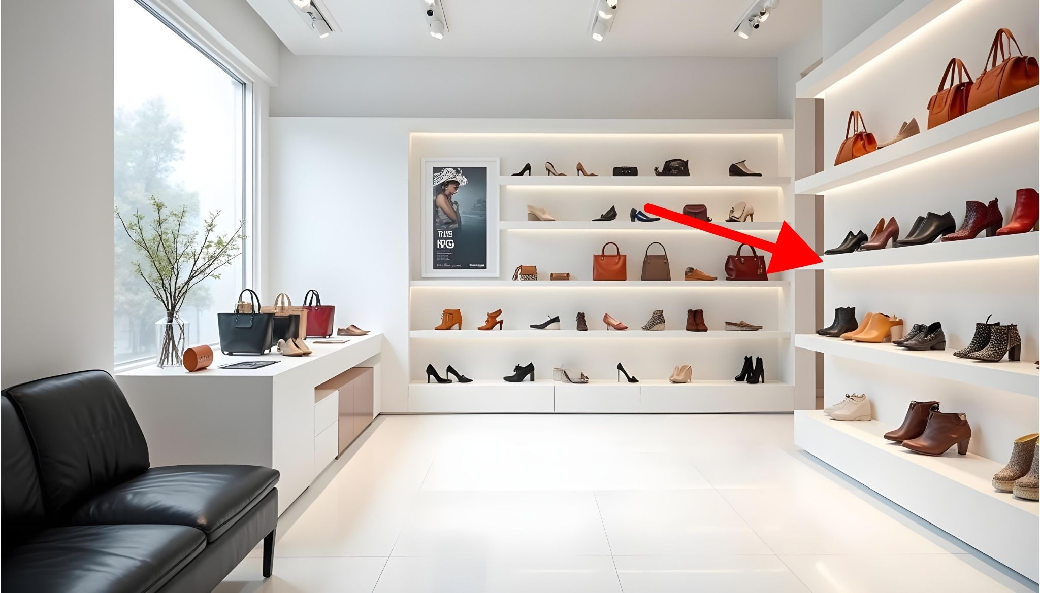 Picture of a the inside of a shoe store where shoes are displaid on reusable shelves which can be coated with removable coatings
