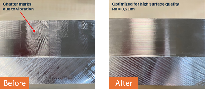 The difference in surface quality before and after implementing our vibration analysis techniques.