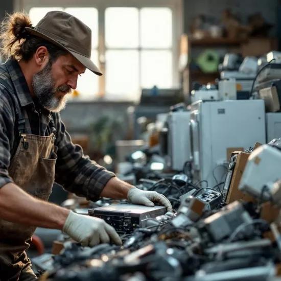 Worker active in a workshop for recycling and cataloguing recycled electrical appliances
