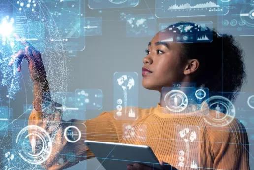 Woman plays with AI on touchscreen 
