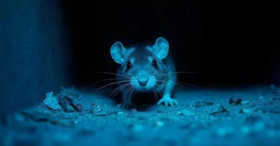 Close-up van een rat in een donkere omgeving, belicht met blauw licht. Beeldsymboliek voor de circulaire samenwerking tussen Strygoo en maatwerkbedrijf Lidwina voor herstel van slimme rattenvallen.