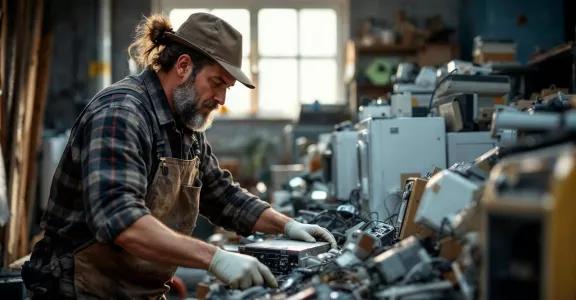 Worker active in a workshop for recycling and cataloguing recycled electrical appliances