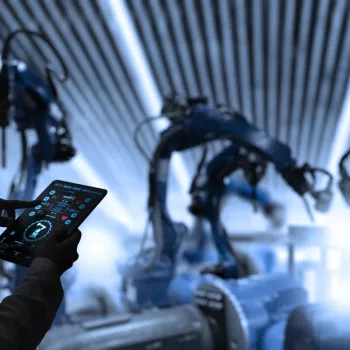female engineer directing industrial robots from a tablet