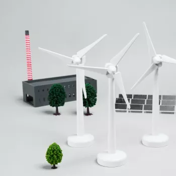 Three papercut wind mill turbines, solar panels , factory and trees on white background