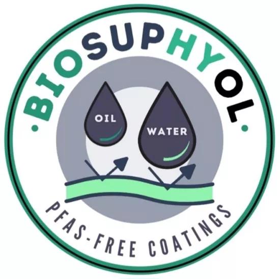 Logo du projet de recherche industrielle BIOSUPHYOL, axé sur des revêtements biosourcés et sans PFAS, avec des gouttes d'huile et d'eau et une couche de revêtement verte.