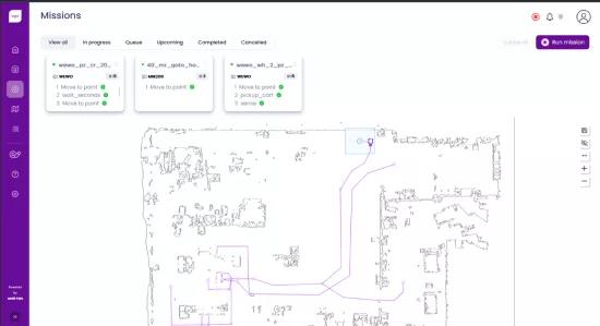 Screenshot of  an overview of current missions and floor plan in the Meili software