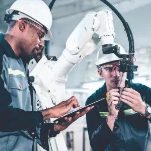 Engineers collecting data while working on robotic arm